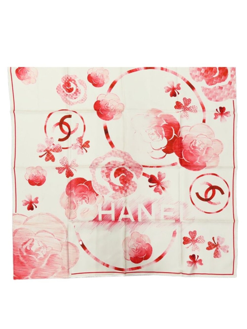 Chanel Camellia Scarf White Red Silk